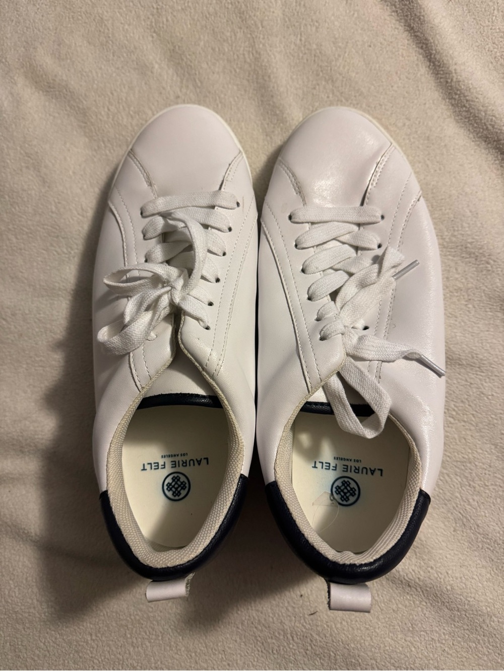 Laurie Felt White Leather Sneakers with Navy Heel Trim